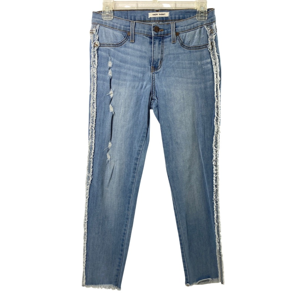 Angry Rabbit Skinny Jeans Women 7 Frayed Side Stripe Distressed Light Wash Denim
